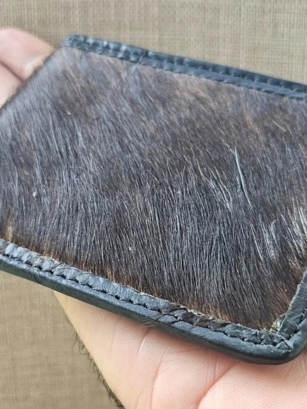Fur Billfold Wallet Black Genuine Leather Real Fur Hair Cardholder Handmade